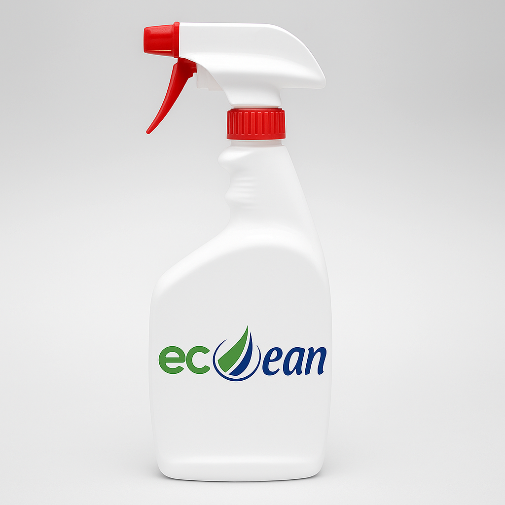 White spray bottle with red nozzle and 'ecoclean' logo on a light gray background